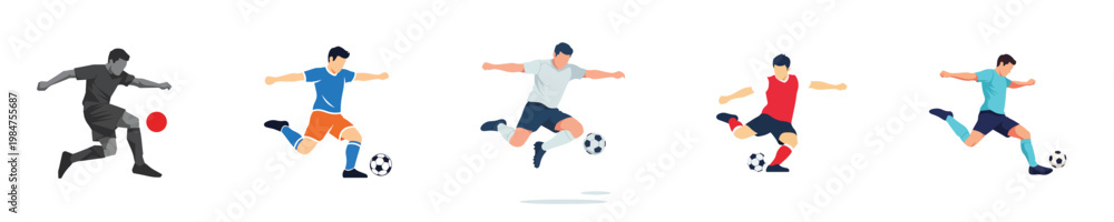 Fototapeta premium A minimalist flat illustration set of a soccer player kicking a ball mid-air, dynamic pose, no stroke, isolated on a pure white background.