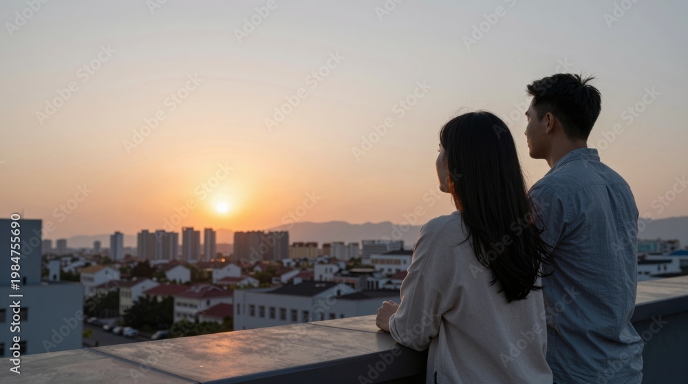 Fototapeta premium Romantic Sunset View from Rooftop by Young Couple in Urban Setting