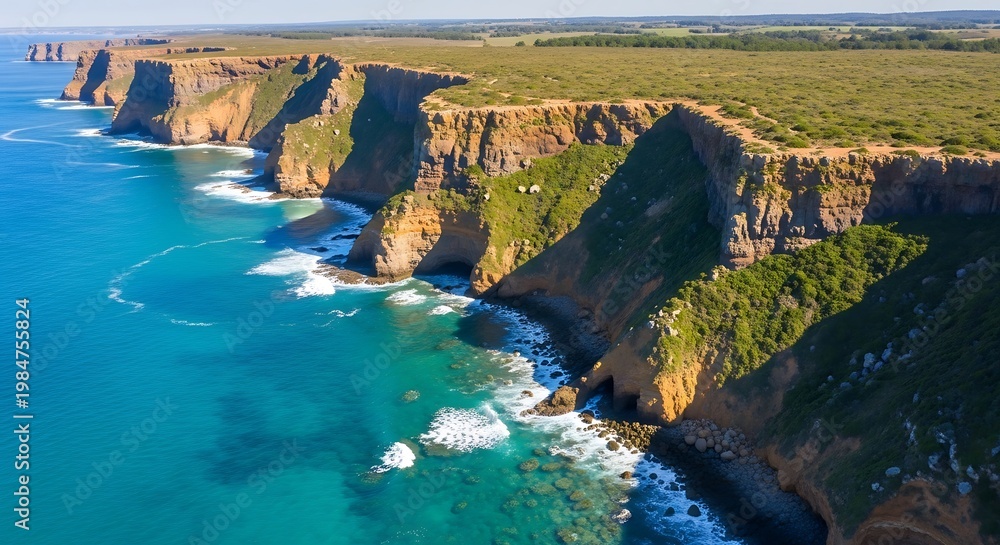 Naklejka premium Aerial View of Rugged Coastal Cliffs and Turquoise Ocean.