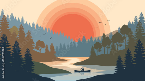 Scenic Forest Landscape: A serene river winds through a majestic forest, with the sun setting, casting a warm glow over the tranquil scene, evoking a sense of calm and wonder.