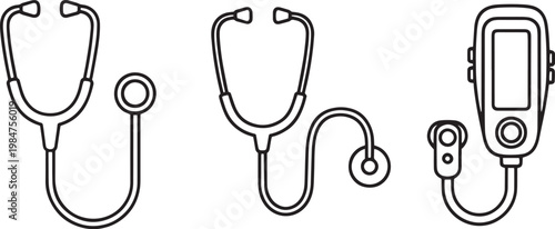 Four stethoscope outlines are displayed in a row. The first stethoscope is a traditional design with a curved tubing and bell.