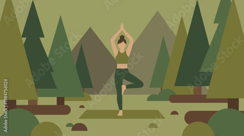 Tranquil Yoga in Nature: A serene woman finds balance and inner peace through yoga, gracefully practicing the tree pose amidst a tranquil landscape of towering trees and majestic mountains.