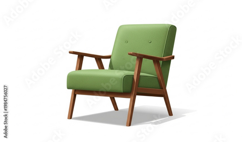 Mid Century Green Armchair Wooden Frame Furniture Vector Illustration