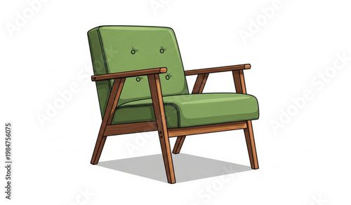 Mid Century Green Armchair Wooden Frame Furniture Vector Illustration