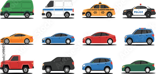 Car icons collection in flat style featuring urban city vehicles, transport concept with different automobile models isolated on white background vector illustration