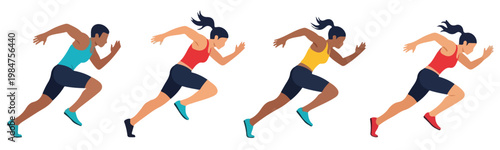 A clean flat-style vector depiction of a runner sprinting at full speed, featuring simplified geometric forms, no outlines, set against a plain white background.