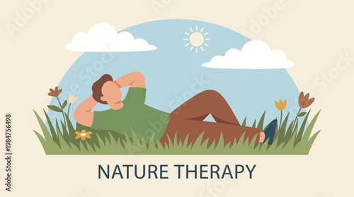 Nature Therapy: A moment of tranquility as a figure lies in a field of grass, a sunny day provides a sense of well-being