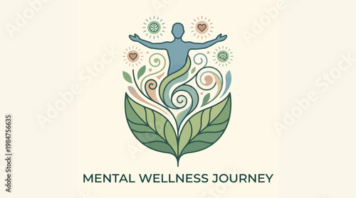 Mental Wellness Journey: An artistic illustration promoting the essence of mental well-being, depicting a journey of self-discovery, growth, and inner peace, focusing on positive energy, balance.
