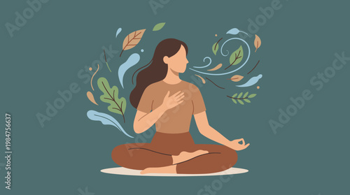 Serene Breathing and Mindfulness: A woman gracefully engages in deep breathing and meditation, radiating tranquility and mindfulness, her posture aligned in a state of inner peace and serenity. 