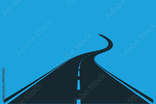 Perspective view of winding asphalt road leading to horizon under clear blue sky for travel transportation and future journey concept design