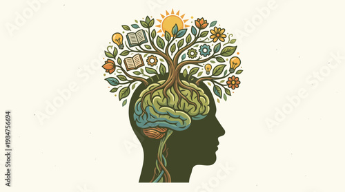 Nurturing the Mind's Garden: An artistic depiction of a human head, where a vibrant tree flourishes atop the brain, symbolizing the growth of knowledge, ideas, and creativity.