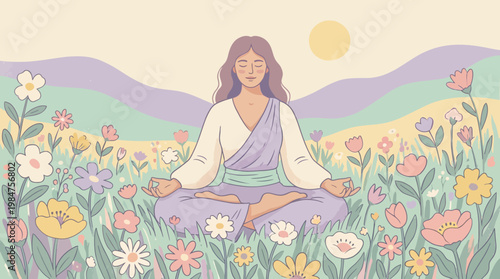Serene Meditation in the Meadow: A tranquil figure finds inner peace through meditation in a blooming meadow under the warm embrace of the sun. The scene exudes a sense of calm and rejuvenation. 