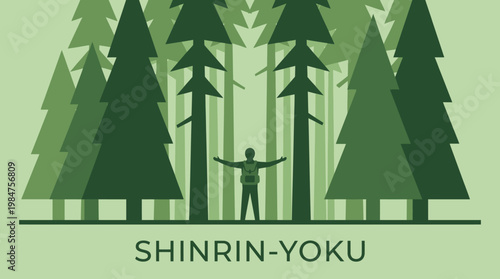 Shinrin-yoku in the Forest: An illustration captures the essence of Shinrin-yoku forest bathing, inviting viewers into a tranquil natural setting. A lone figure stands amidst towering trees.