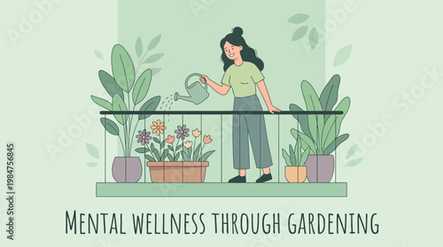 Cultivating Calm: A serene illustration depicts an individual tending a vibrant balcony garden, embodying the soothing connection between nature and mental well-being.