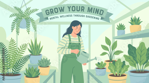 Nurturing serenity: A person engaged in the calming act of watering flourishing plants, symbolizing mental well-being cultivated through gardening.