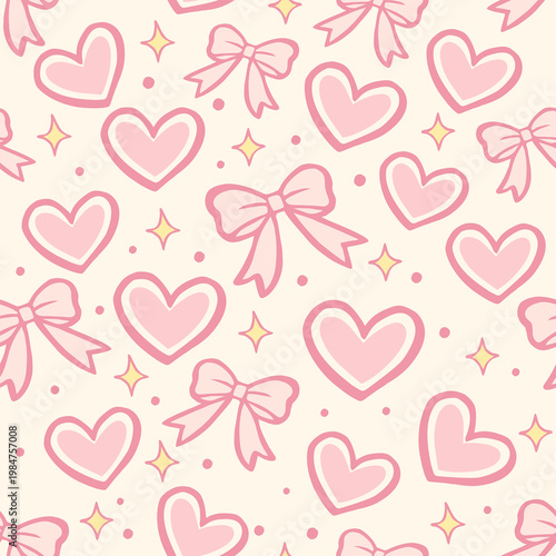 Seamless cute pink hearts and bows romantic pattern background.
