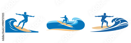 A simple flat-style vector showing a longboard surfer enclosed in a stylized round wave, using blue ocean and beige sand hues, no outlines, on a plain white backdrop.