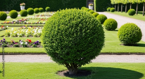 Perfectly Pruned Spherical Evergreen Shrub with Dense Green Foliage in a Manicured Garden Setting