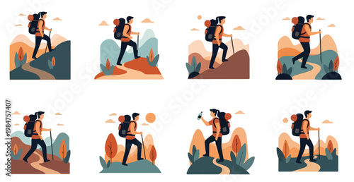 A minimalist flat vector illustration set of a backpacker hiking, with clean shapes, no outlines, isolated on a pure white background.