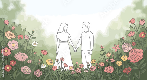 Couple holding hands in a field of flowers.