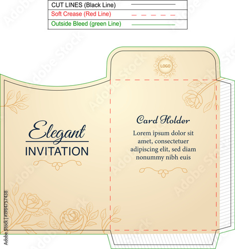 Elegant Wedding Invitation Envelope Dieline Template with Decorative Floral Elements, Print Ready Packaging