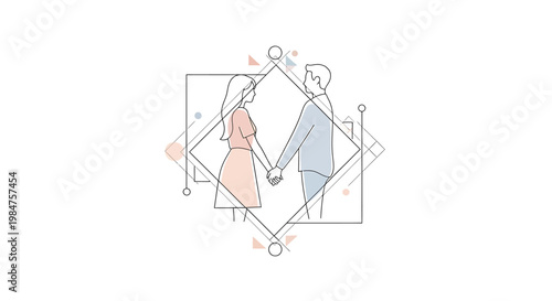 Couple holding hands in abstract geometric frame, symbolizing connection and partnership.