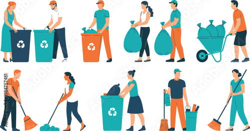People cleaning environment vector set with volunteers collecting trash, recycling waste and eco activities in modern flat illustration isolated on white background