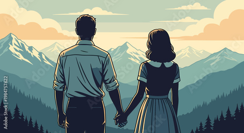 Couple holding hands looking at mountains.