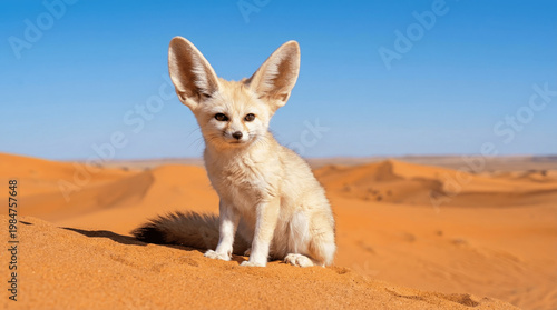 A fennec fox sits on sand in the desert