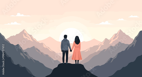 Couple holding hands on mountain peak watching sunrise.