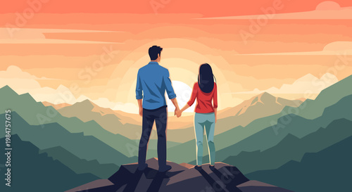Couple holding hands on mountain top watching sunset.