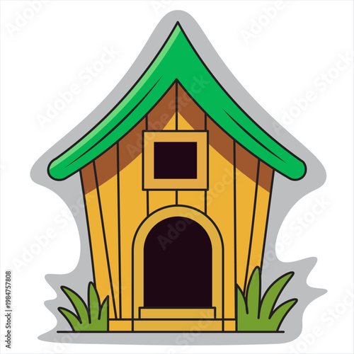 A cartoon dog house with green roof and brown walls