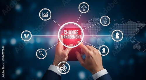 Hands holding tablet with change management on screen business strategy global