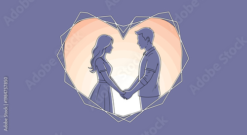 Couple Holding Hands Silhouette Inside Heart Shape.