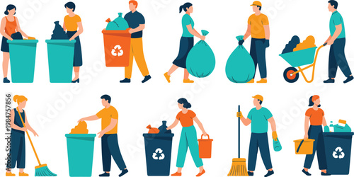 People cleaning environment vector set with volunteers collecting trash, recycling waste and eco activities in modern flat illustration isolated on white background