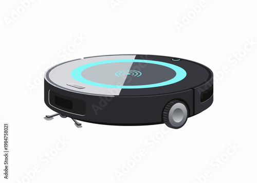A sleek black robotic vacuum cleaner with blue accents on a white background.