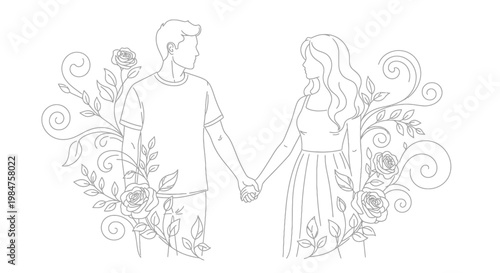 Couple Holding Hands Surrounded by Floral Elements.