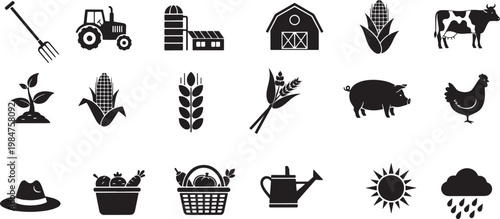 A collection of black and white icons depicting rural farm life. The icons showcase various agricultural elements, including farming tools, livestock, crops, and farm structures.