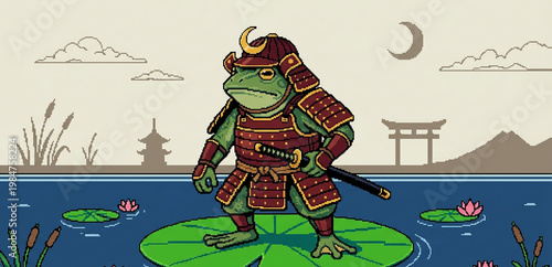 Retro pixel art samurai frog warrior standing on a lily pad in a Japanese landscape