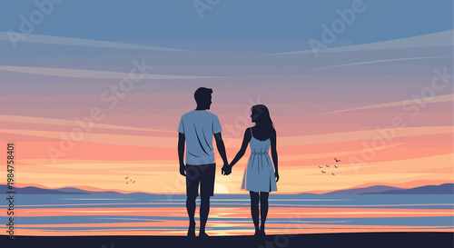 Couple holding hands watching the sunset over the water.