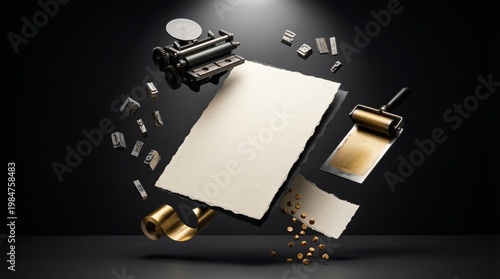 Luxury Handmade Paper Mockup with Vintage Letterpress Tools, Gold Foil Roll and Typography Blocks in Dramatic Studio Composition