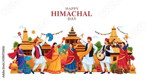 Celebrating Himachal Day, a vibrant vector illustration showcases traditionally dressed people joyfully participating in Himachal Pradesh's culture with historic architecture