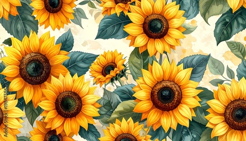 Bright floral pattern. Sunny yellow sunflowers mingle with green leaves on light background