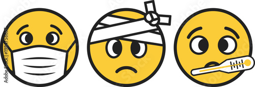 Three cartoon emoji faces depict common illnesses wearing a mask head bandage and with a thermometer showing sickness and discomfort