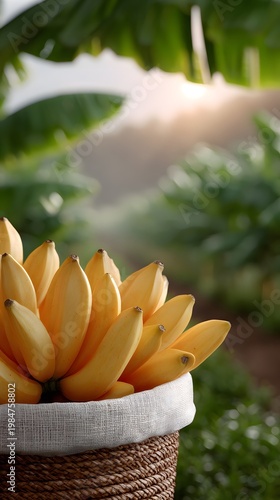 Close up of ripe bananas in a basket outdoors