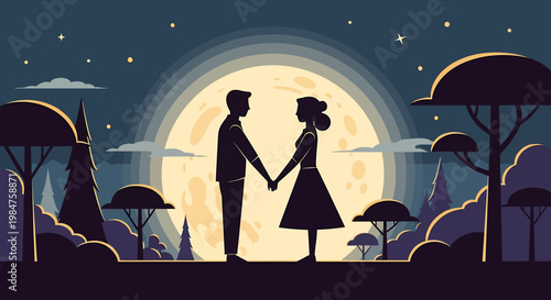 Romantic Couple Holding Hands Under Moonlight.