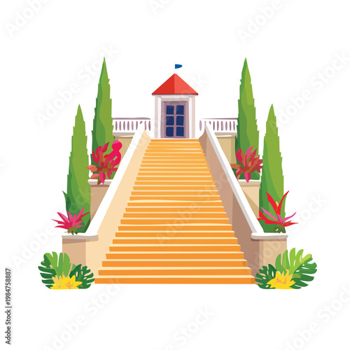 Staircase leading to a tower with garden elements illustration on white background