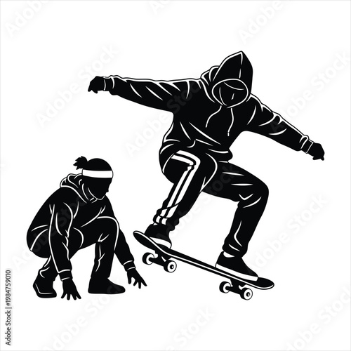 Two young skaters performing skateboarding tricks together outdoors recreationally
