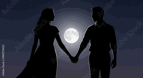 Silhouette Couple Holding Hands Under Full Moon.