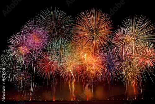 a vibrant fireworks display illuminates the night sky with colorful explosions of light and energy